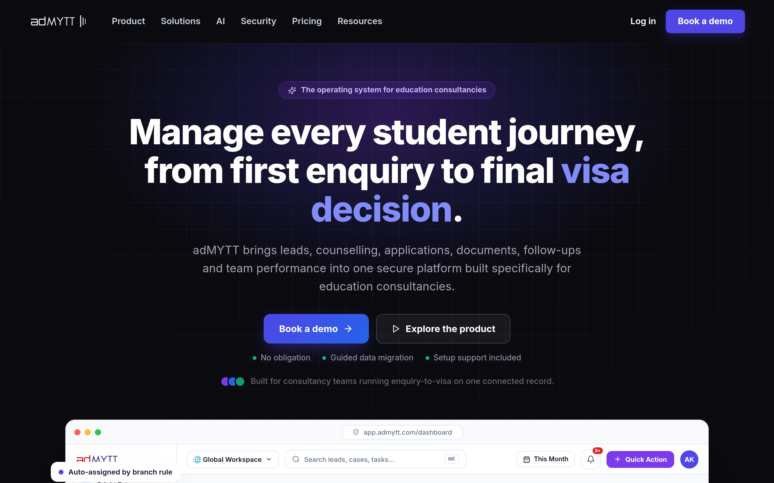 adMYTT — the operating system for education consultancies — desktop view