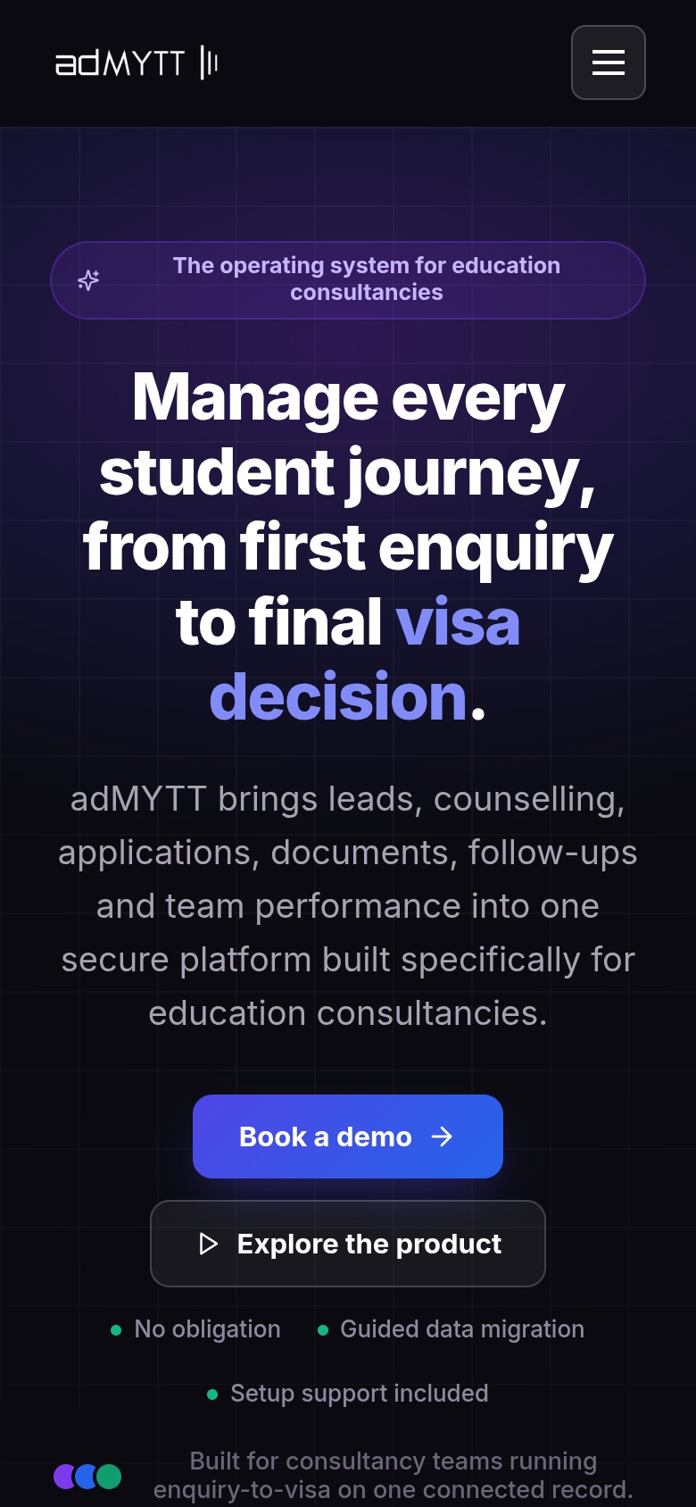 adMYTT — the operating system for education consultancies — mobile view