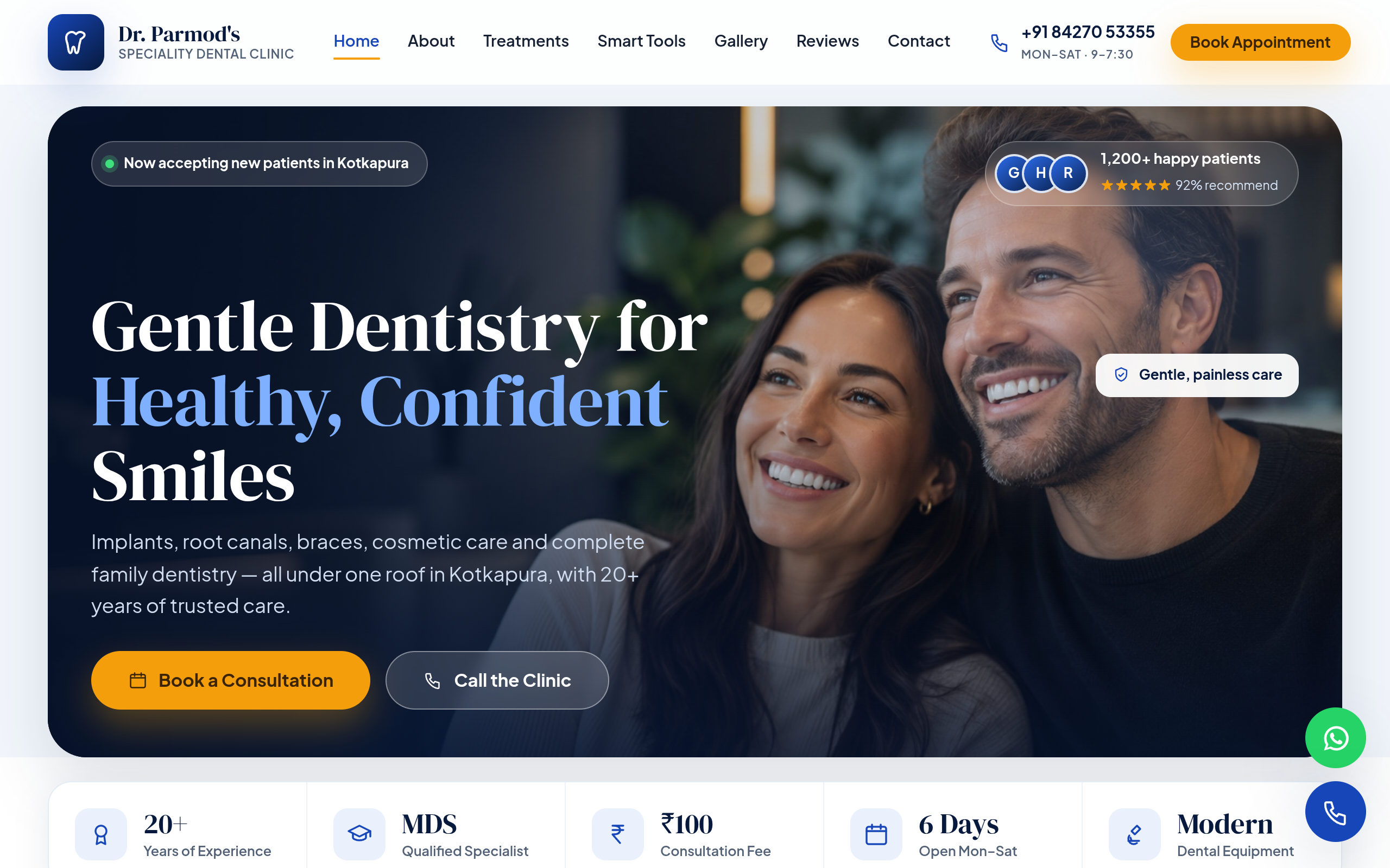 An appointment-first website for Kotkapura's speciality dental clinic — desktop view