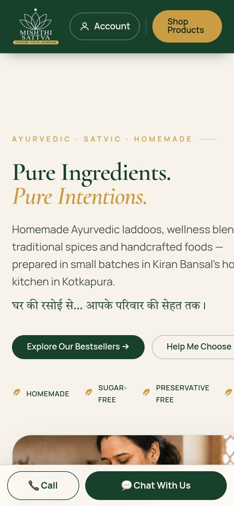 A homemade Ayurvedic brand, with its own shop and order desk — mobile view